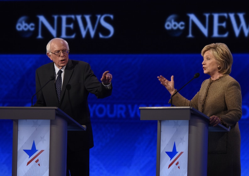 ABC News Democratic Presidential debate from St. Anselm College in Manchester, N.H, Dec. 19, 2015; Bernie Sanders (left), Hillary Clinton (right).
